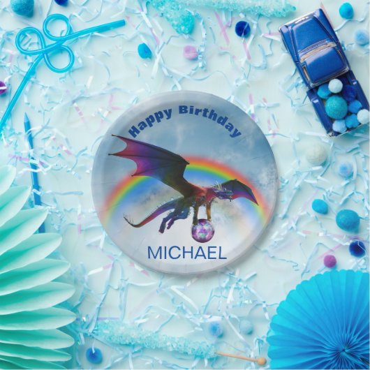 ドラゴンハッピーバースデー名レインボーファンタジーP ペーパープレート (パーティー)