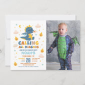 ドラゴンバースデーパーティーブルーファイアードラゴンボーイズ写真 招待状 (正面)