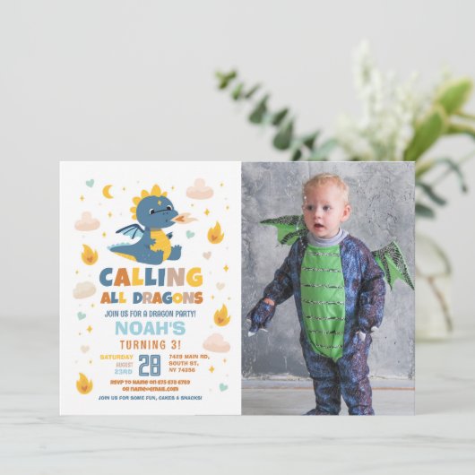 ドラゴンバースデーパーティーブルーファイアードラゴンボーイズ写真 招待状 (スタンド正面)