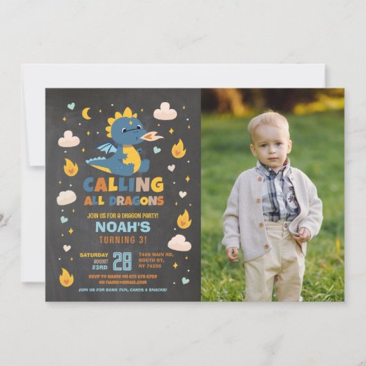ドラゴンバースデーパーティーブルーフォトドラゴンズボーイチョーク 招待状 (正面)