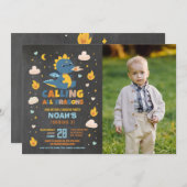 ドラゴンバースデーパーティーブルーフォトドラゴンズボーイチョーク 招待状 (正面/裏面)