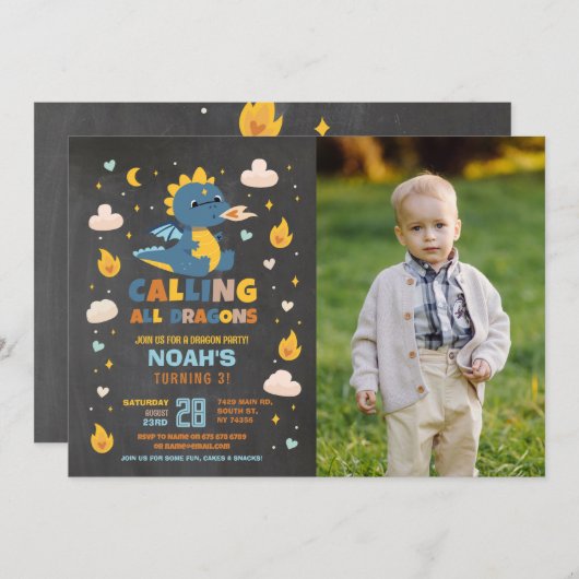 ドラゴンバースデーパーティーブルーフォトドラゴンズボーイチョーク 招待状 (正面/裏面)