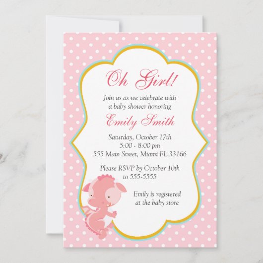 ドラゴンピンク水玉赤ちゃん女の子シャワー招待状 招待状 (正面)