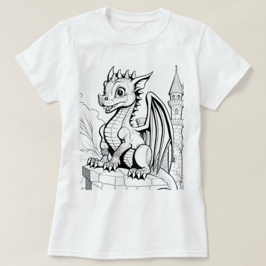 ドラゴンファンタジー白黒カラーリングブックスタイル Tシャツ (デザイン正面)