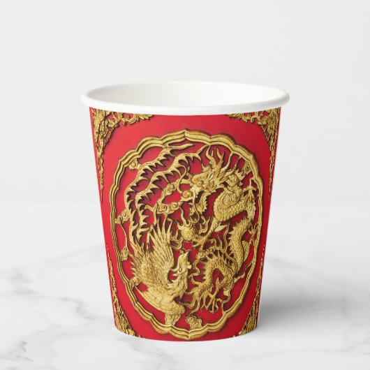 ドラゴンフェニックスレッドゴールド中国ウェディング 紙コップ (裏面)