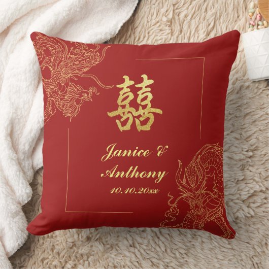ドラゴンフェニックス 伝統的な赤い中国のウェディング クッション (ブランケット)
