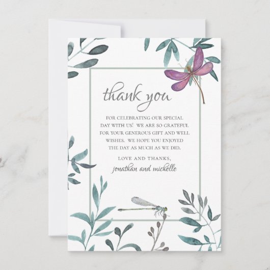 ドラゴンフライかわいらしガーデンの緑が白の結婚上 サンキューカード (正面)