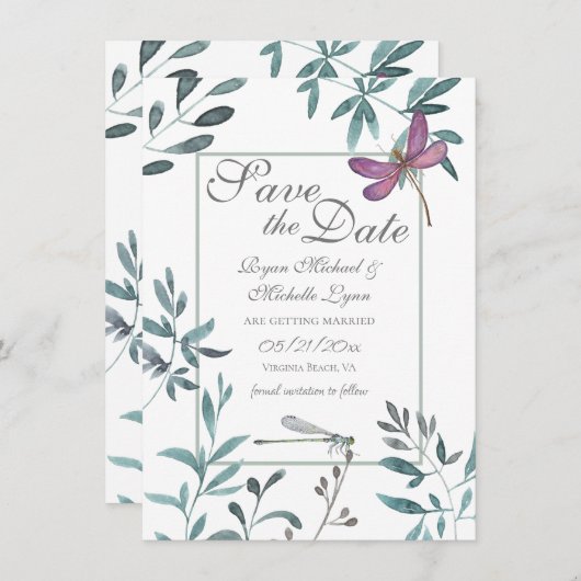 ドラゴンフライかわいらしガーデンの緑が白の結婚上 セーブザデート (正面/裏面)