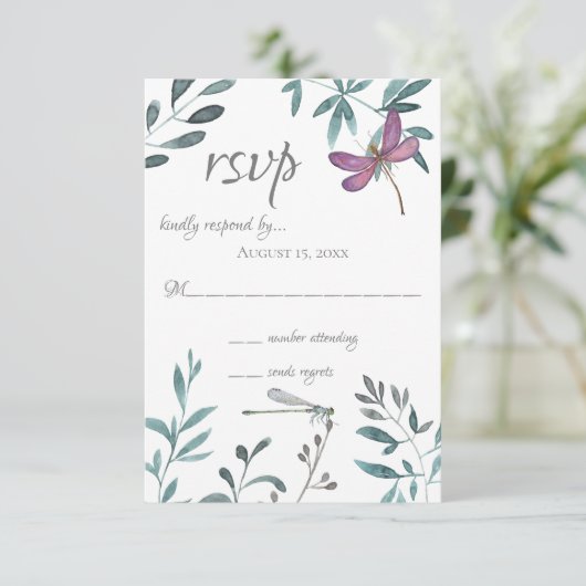 ドラゴンフライかわいらしガーデンの緑が白の結婚上 出欠カード (スタンド正面)