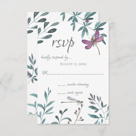 ドラゴンフライかわいらしガーデンの緑が白の結婚上 出欠カード (正面/裏面)