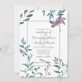 ドラゴンフライかわいらしガーデンの緑が白の結婚上 招待状 (正面)