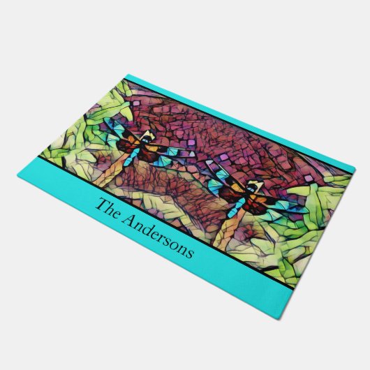 ドラゴンフライブルーティール（緑がかった色）アクアブラックファミリーネーム ドアマット (アングル)