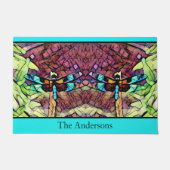 ドラゴンフライブルーティール（緑がかった色）アクアブラックファミリーネーム ドアマット (正面)