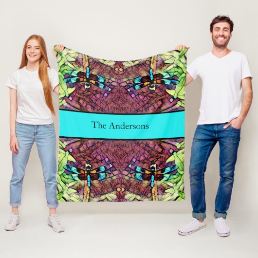 ドラゴンフライブルーティール(緑がかった色)アクアブラックファミリーネーム フリースブランケット (インサイチュ)