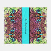 ドラゴンフライブルーティール(緑がかった色)アクアブラックファミリーネーム フリースブランケット (正面(横))