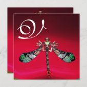 ドラゴンフライ女性モノグラム、赤いブルゴーニュ金ゴールド 招待状 (正面/裏面)