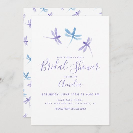ドラゴンフライ手色彩の鮮やか紫ブルーブライダルシャワー 招待状 (正面/裏面)