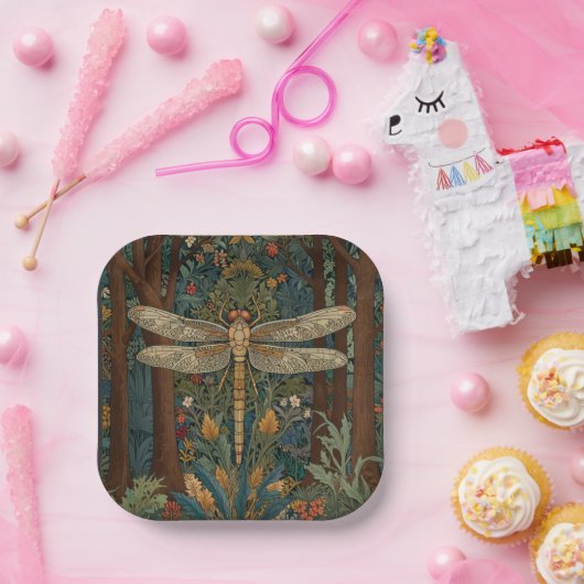 ドラゴンフライ絵画アートのボタニカルボホシックな森 ペーパープレート (パーティー)