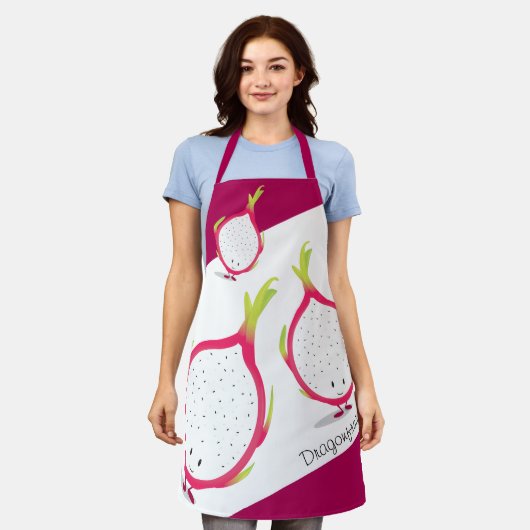 ドラゴンフルーツピンク白の微笑み漫画の食べ物 エプロン (着用した状態)