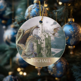 ドラゴンブロンズキャッスルパーソナライズされたファンタジー セラミックオーナメント