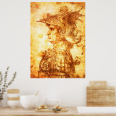 ドラゴンヘルメットセピアスケッチの戦士プロフィール ポスター (キッチン)