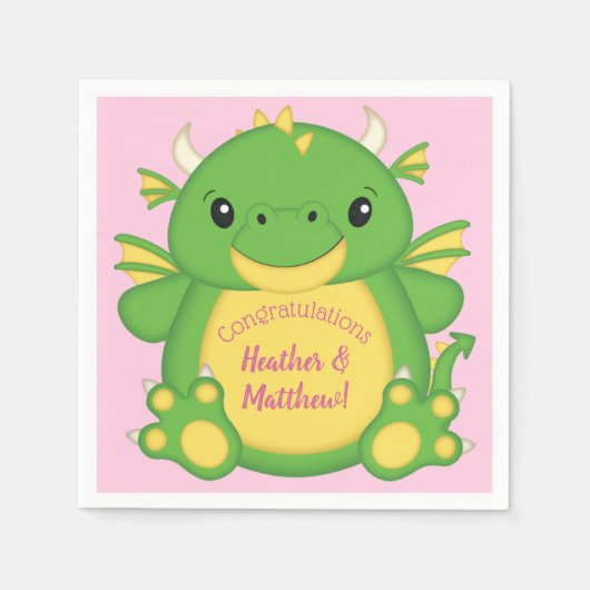 ドラゴンベビーシャワーピンク スタンダードカクテルナプキン (正面)