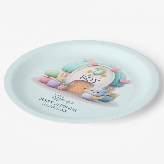 ドラゴンボーイベビーシャワー付きの小さな家 ペーパープレート (アングル)