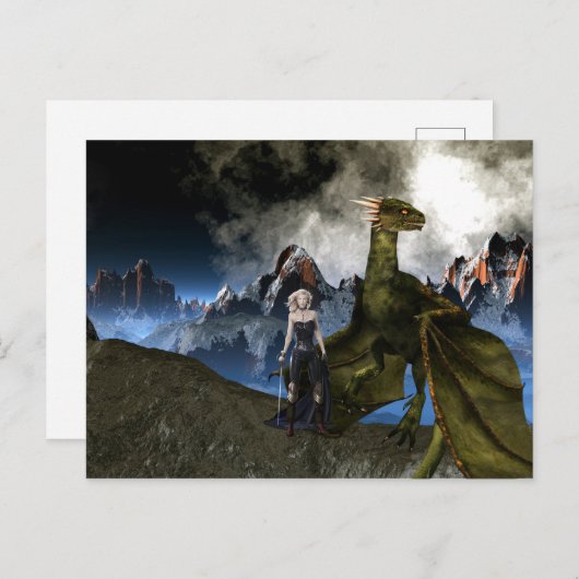ドラゴンマウンテンランドスケープのある戦士の女性 ポストカード (正面/裏面)