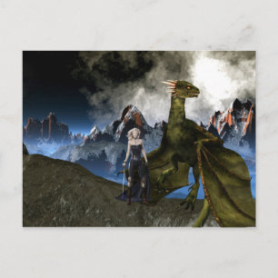 ドラゴンマウンテンランドスケープのある戦士の女性 ポストカード