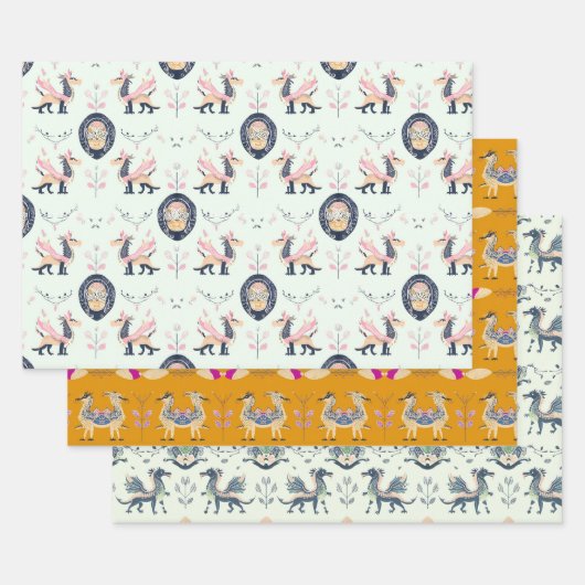 ドラゴン中世ラッピング紙フラットシートセット3 ラッピングペーパーシート (セット)