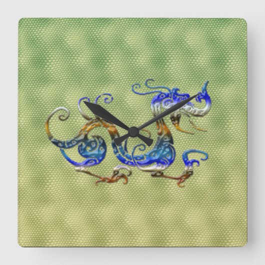 ドラゴン中国のファンタジーアートデザイナーギフト時計 スクエア壁時計 (正面)