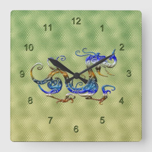 ドラゴン中国のファンタジーアートデザイナーギフト時計 スクエア壁時計 (正面)