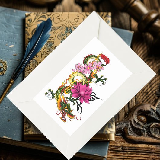 ドラゴン中国のロータスさくらんぼ 長方形シール