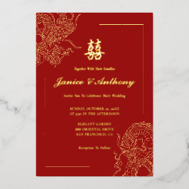 ドラゴン伝統的フェニックス中国のレッド 箔招待状