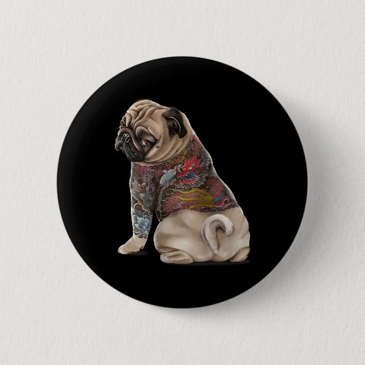 ドラゴン入れ伝統的の日本のパグ犬 缶バッジ (正面)