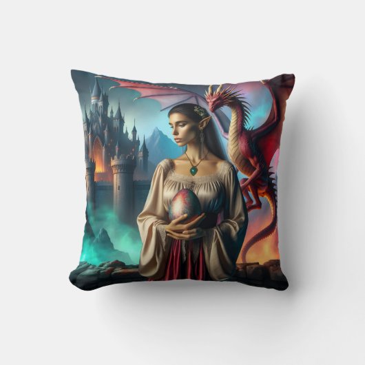 ドラゴン卵を持つ小妖精や小人 クッション (正面)