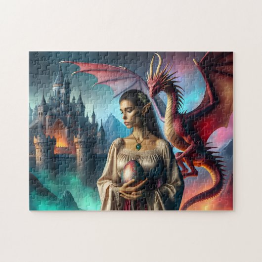 ドラゴン卵を持つ小妖精や小人 ジグソーパズル (横)