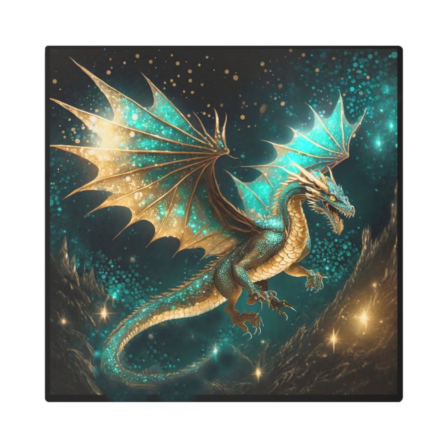 ドラゴン実在はティール（緑がかった色）金ゴールドID1005 メタルプリント (正面)