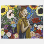 ドラゴン小妖精や小人フラワーガーデン フリースブランケット (正面(横))