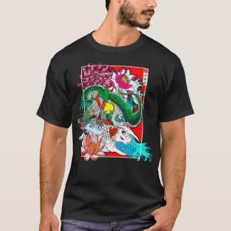 ドラゴン日本のコイ鯉錦鯉フラワーズ Tシャツ