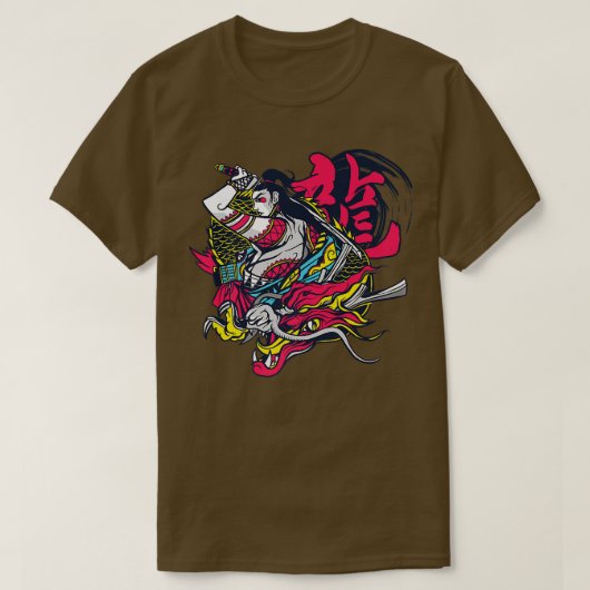 ドラゴン杯を持つ女性の侍日本の士 Tシャツ (デザイン正面)