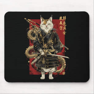 ドラゴン漢字を使ったサムライ日本のネコ マウスパッド