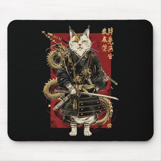 ドラゴン漢字を使ったサムライ日本のネコ マウスパッド (正面)