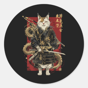 ドラゴン漢字を使ったサムライ日本のネコ ラウンドシール