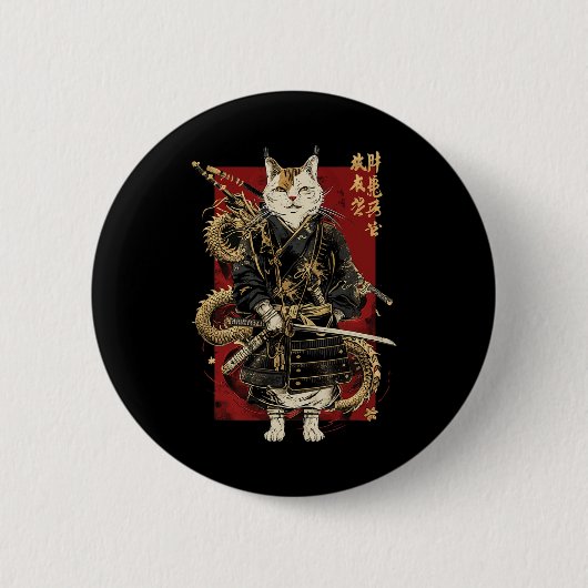 ドラゴン漢字を使ったサムライ日本のネコ 缶バッジ (正面)