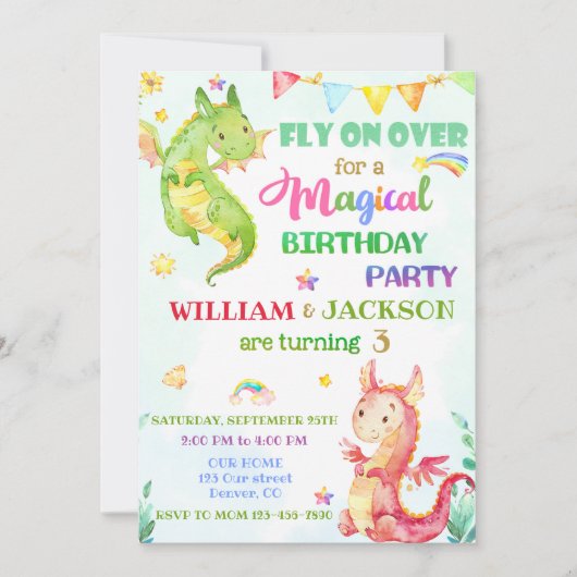 ドラゴン誕生日の招待ジョイントバースデー招待状 招待状 (正面)