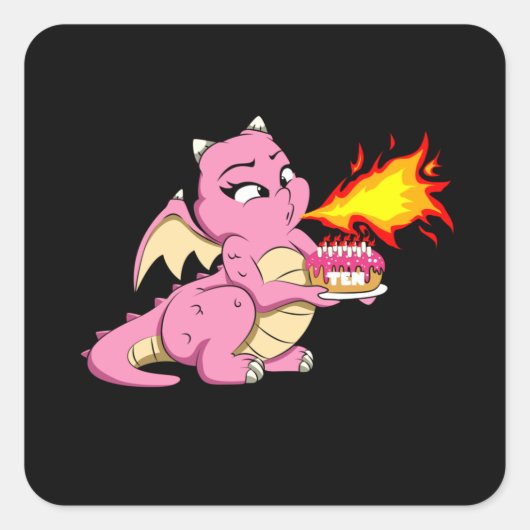 ドラゴン誕生日10 10th誕生日ガールカワイドラゴン スクエアシール (正面)