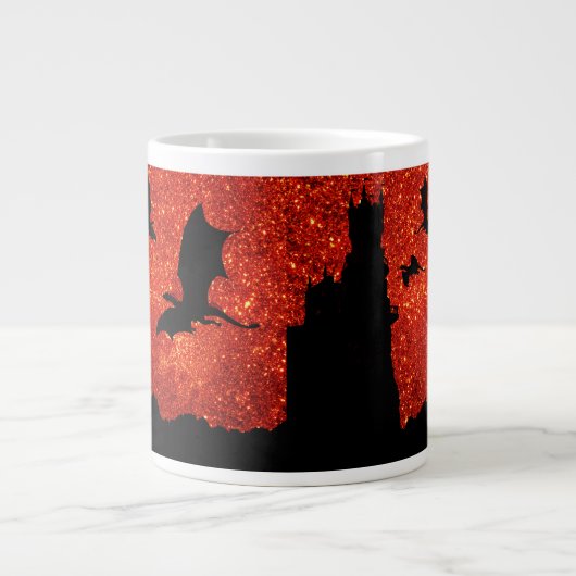 ドラゴン飛んでいるズ、日の出/日没のスカイクリフ城 ジャンボコーヒーマグカップ (正面)