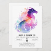 ドラゴン魔法ウォーターカラー誕生日 招待状 (正面/裏面)