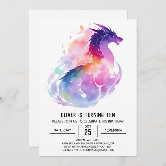 ドラゴン魔法ウォーターカラー誕生日 招待状 (正面/裏面)